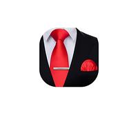HISDERN Men's Red Ties Set 3.4" Formal Classic Tie and Pocket Square with Clip Gents Solid Color Necktie Hankerchief Wedding Business Party Neckties Sets for Men