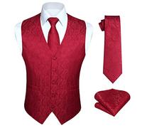 HISDERN Men's Red Waistcoats Paisley Wedding Party Waistcoat Necktie Pocket Square Handkerchief Floral Jacquard Vest Suit Set with Pockets L