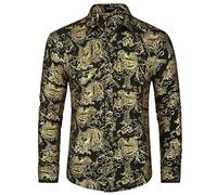 HISDERN Men's Satin Shirts Long Sleeve Gold Feather Print Shiny Shirt Casual Fashion Luxury Floral Shirts Gold Black M