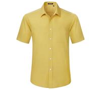 HISDERN Mens Short Sleeve Dress Shirt Regular Fit Casual Formal Yellow Shirts Button Down Business Stretch Shirt Non Iron,3XL