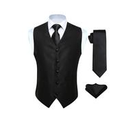 Hisdern Men's Solid Color Jacquard Waistcoat & Necktie and Pocket Square Vest Suit Set , Black, 3XL(Chest size 54')