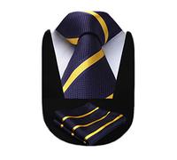 HISDERN Men's Stripe Wedding Tie & Pocket Square Extra Long Necktie and Handkerchief Set for Men Classic Fashion Business Navy Blue & Yellow