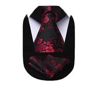 HISDERN Mens Tie and Pocket Square Set Extra Long Floral Ties with Handkerchief Formal Black & Red Necktie for Wedding Party Business, XL, 160CM