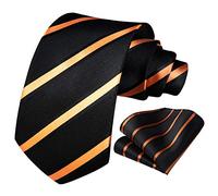 HISDERN Men's Tie Black Gold Striped Ties and Pocket Square Set