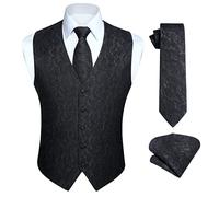 HISDERN Men's Waistcoat Black Paisley Floral Jacquard Necktie Pocket Square Wedding Party Business Fit Vest Suit Set,3XL,Black-N