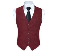HISDERN Men's Waistcoat Burgundy Formal Wedding Cotton Plaid Waistcoat Suit Vest,Burgundy 2,XS