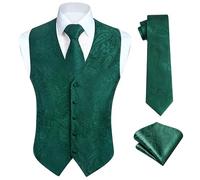 HISDERN Men's Waistcoat Green Paisley Floral Jacquard Necktie Pocket Square Wedding Party Business Fit Vest Suit Set,Green-N,3XL