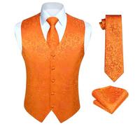 HISDERN Men's Waistcoat Orange Paisley Floral Jacquard Tuxedo Waistcoat and Tie Set Wedding Party Business, Orange-N, 4XL