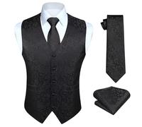 HISDERN Men's Waistcoat Paisley Floral Jacquard Necktie Pocket Square Handkerchief Vest Suit Set Black XXL