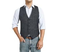 HISDERN Mens Waistcoat Tweed Waistcoats for Men Formal Suit Vest Herringbone Waistcoats Charcoal Grey XL