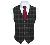 HISDERN Mens Waistcoats Formal Dark Grey Tartan Waistcoat Check Suit Vest With Pockets for Wedding Business 3XL