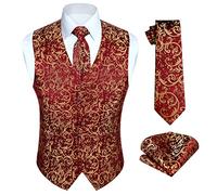 HISDERN Men's Waistcoats Paisley Wedding Party Burgundy Waistcoat Necktie Pocket Square Handkerchief Floral Jacquard Vest Suit Set Red & Gold XL