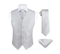 HISDERN Men's Wedding Paisley waistcoat Floral Waistcoat Jacquard Necktie Pocket Square Handkerchief Wedding Party Fit Vest Suit Set Silver Grey 2XL
