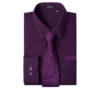 HISDERN Purple Dress Shirts for Men Long Sleeve Shirt and Tie Set Button Down Solid Formal Office Regular Fit S