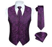 HISDERN Purple waistcoat Men's Paisley Waistcoats Jacquard Necktie Pocket Square Handkerchief Wedding Party Business Fit Vest Suit Set 4XL