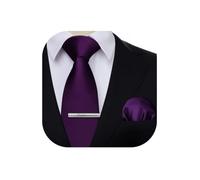HISDERN Solid Color Tie and Pocket Square with Tie Clips Men's Wedding Party Necktie Handkerchief Set