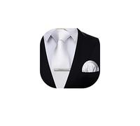 HISDERN Solid Color Tie and Pocket Square with Tie Clips Men's Wedding Party Necktie Handkerchief Set