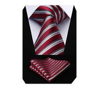 HISDERN Striped Wedding Tie Handkerchief Men's Necktie & Pocket Square Set, One Size, Red / Gray