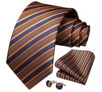 HISDERN Ties For Men Stripe Tie Sets with Handkerchief Cufflinks Men's Necktie Pocket Square Sets For Formal Wedding Business,Gold and Navy blue