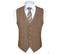 HISDERN Waistcoats for Men Brown Solid Color Check Waistcoat Formal Classic Wedding Business Suit Vest Sleeveless 3XL