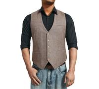 HISDERN Waistcoats Mens Suit Vests Tweed Waistcoat Herringbone Waistcoats for Men Formal Vest Khaki Brown XS