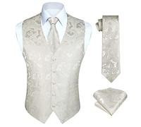 HISDERN Wedding waistcoats for men Men's Paisley Waistcoats Floral Jacquard Necktie Pocket Square Handkerchief Wedding Business Fit Vest Suit Set 3XL