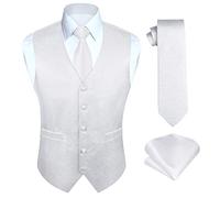 HISDERN White wedding waistcoat For Men's Paisley Waistcoats Jacquard Necktie Pocket Square Handkerchief Wedding Party Business Fit Vest Suit Set L
