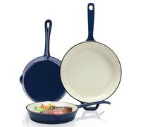 Hisencn Enameled Cast Iron Skillet Set - 3 Piece Ceramic Coated Fry Pan Set 20.3, 24.1, 27.9 cm, PFAS/PTFE/PFOA Free, Oven & Induction Safe, Navy Blue Cookware for Gas/Electric Stovetop