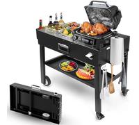 Hisencn Portable Outdoor Grill Table for Blackstone 43cm&56cm Griddle, Foldable Griddle Stand Lagre Space, Grill Cart for Ninja, Weber, Onni Portable Grills, Camping BBQ Prep Cart with Caddy, Black