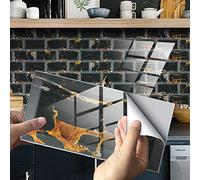 Hiseng 24/48pcs Kitchen Bathroom Marble Wall Tile Stickers, DIY Rectangle Mosaic Rock Style Decals Sticker for Kitchen Living Room Bathroom Home Decor Self-Adhesive (Marble black 2,48pcs)