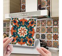 Hiseng 24pcs Wall Tile Stickers, Hiser Square Moroccan Victorian Retro Mosaic Style Waterproof Decals Sticker for Kitchen Living Room Bathroom Home Floor DIY Decor Self-Adhesive (Orange,20x20cm)