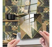 Hiseng 30pcs Wall Tile Stickers, Hiser Retro Green Geometry Bohemia Style Waterproof Decals Mosaic Sticker for Kitchen Living Room Bathroom Home Floor DIY Decor Self-Adhesive (C,15x15cm)