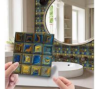 Hiseng 30pcs Wall Tile Stickers, Hiser Retro Mosaic Style Square Waterproof Marble Decals Sticker for Kitchen Living Room Bathroom Home Floor DIY Decor Self-Adhesive 10x10cm (Yellow blue)