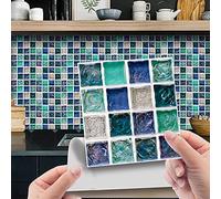 Hiseng 30pcs Wall Tile Stickers, Hiser Retro Mosaic Style Square Waterproof Marble Decals Sticker for Kitchen Living Room Bathroom Home Floor DIY Decor Self-Adhesive 10x10cm (green Blue)