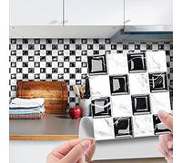 Hiseng 30pcs Wall Tile Stickers, Hiser Square Retro Marble Mosaic Style Waterproof Decals Sticker for Kitchen Living Room Bathroom Home Floor DIY Decor Self-Adhesive (black White,10x10cm)