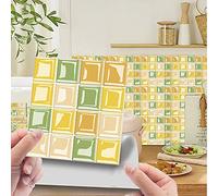 Hiseng 30pcs Wall Tile Stickers, Hiser Square Retro Marble Mosaic Style Waterproof Decals Sticker for Kitchen Living Room Bathroom Home Floor DIY Decor Self-Adhesive (yellow-green,10x10cm)