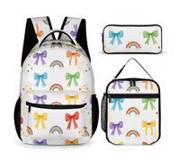 Hiseng Bow Print School Backpack Set with Lunch Bag Pencil Case (White)