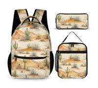 Hiseng Cactus Print School Backpack Set with Lunch Bag Pencil Case (Khaki)