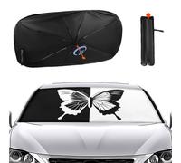 Hiseng Car Windscreen Sun Shade, Butterfly Print Car Sun Shades Umbrella with 360° Rotation Foldable Bendable Shaft, Universal Car Front Window Sun Shade for Cars Suvs (133x73cm,Black White)