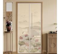 Hiseng Chinese Style Magnetic Fly Screen Door, Privacy Fly Screens for Doors Mesh Curtain,Magnets Full Frame Hook and Loop with Powerful Top-Bottom for Patio Balcony Kitchen (Lotus,110x200cm)