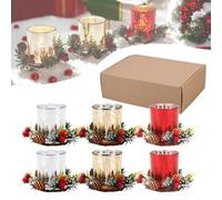 Hiseng Christmas Candle Holder 6 Pack Glass Tea Light Holders with 6 Red Berry Pinecone Wreath Candle Ring, Christmas Decorative Votive Candle Holder Xmas Party Table Centrepiece (Silver+Gold+Red)