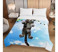 Hiseng Coverless Duvet Single Double King Size, Cat Pattern, Summer Quilted Duvet Cosy and Lightweight Quilt Breathable Cooling Bedspreads Throw for Beds (Blue sky and cats A,150x200cm)