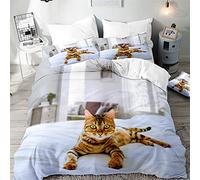 Hiseng Duvet Cover Set 3 Pieces - 3D Cat Printed Bedding Sets for Boy Girl Bedroom Single Double King Bed - Microfiber Quilt Case with Pillowcases (Brown Cat,135x200cm)