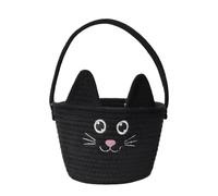 Hiseng Halloween Candy Bags, Reusable Cotton Rope Woven Basket with Handle, Black, Round, Rustic, Gift Basket Empty Halloween Party Supplies (Black Cat (1pc))