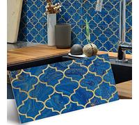 Hiseng Kitchen Bathroom Wall Tile Stickers, 30x15cm DIY Rectangle Decals Lantern Pattern Sticker for Kitchen Living Room Bathroom Home Decor Self-Adhesive (4pcs,noble blue gold)
