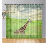 Hiseng Net Curtains for Windows, 2 Panels, Semi Transparent Eyelet Voile Panels, Sheer Curtains for Windows Living Room Kitchen Door Window (Grassland giraffe,140x213cm)