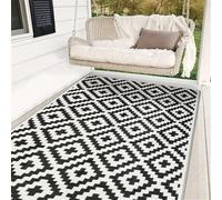 Hiseng Outdoor Rugs for Patios Waterproof, Reversible Decking Woven Garden Mats, Geometry Anti-slip Large Outdoor Rug for Lawn, Camping, Deck, Beach, Picnic, Backyard (Black and white,120x180cm)