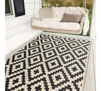 Hiseng Outdoor Rugs for Patios Waterproof, Reversible Decking Woven Garden Mats, Geometry Anti-slip Large Outdoor Rug for Lawn, Camping, Deck, Beach, Picnic, Backyard (Black and beige,120x180cm)