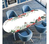 Hiseng Oval Tablecloth Christmas, Oval Table Cloth with Elastic Edged Table Cover Wipe Clean,Washable Table Cover for Kitchen Dining, Party, Banquet Indoor Outdoor (Red berries,107cmx183cm)