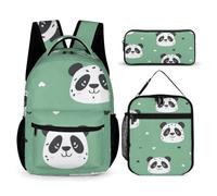 Hiseng Panda Pattern School Backpack Set with Lunch Bag Pencil Case (Green)